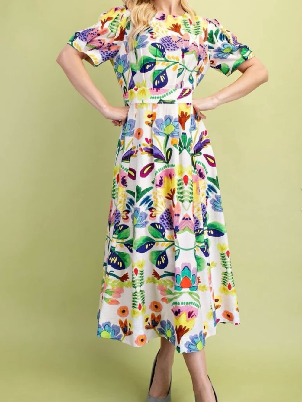 GiGio Green Multi Midi Dress With Puff Sleeves